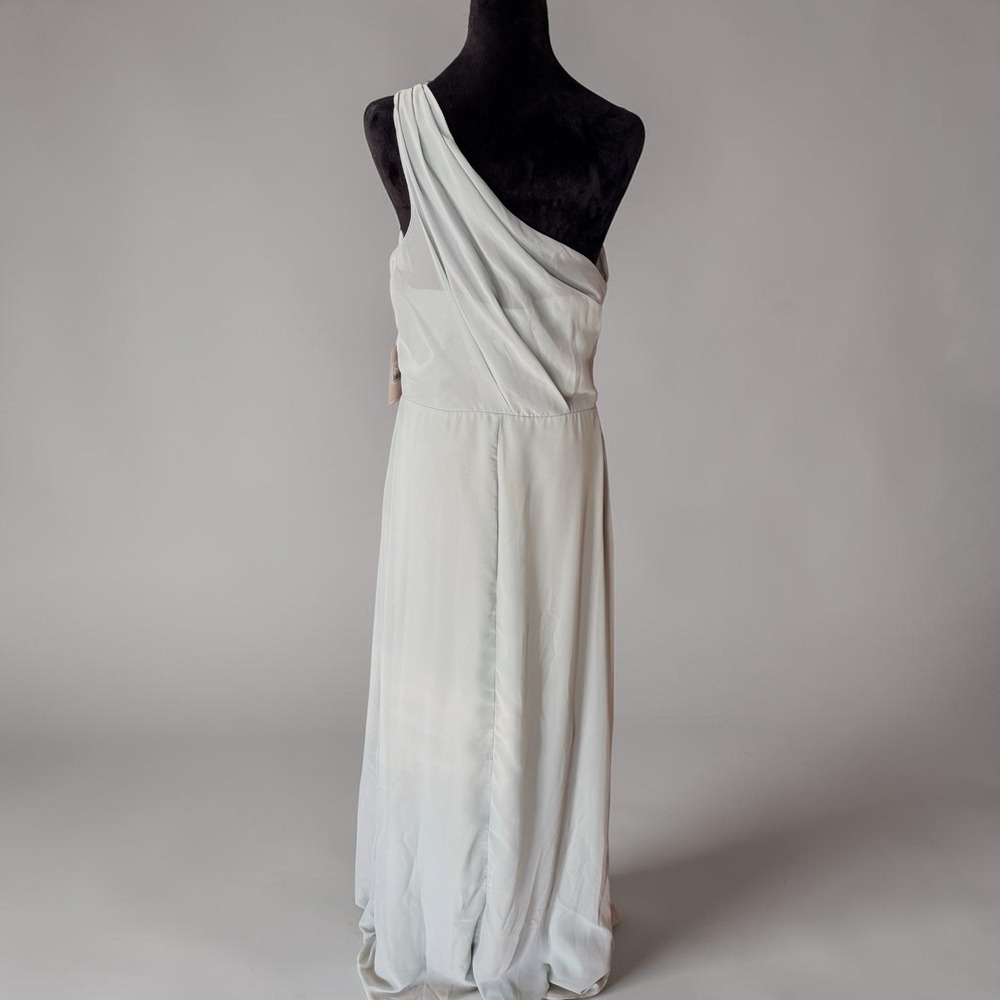 Birdy Grey Kira Chiffon Slit Dress Sage Green One Shoulder Bridesmaid Size L NWT - Picture 2 of 5